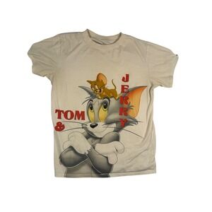Tom & Jerry Graphic T-Shirt Cream Beige Cartoon Retro Mens Large L Short Sleeve